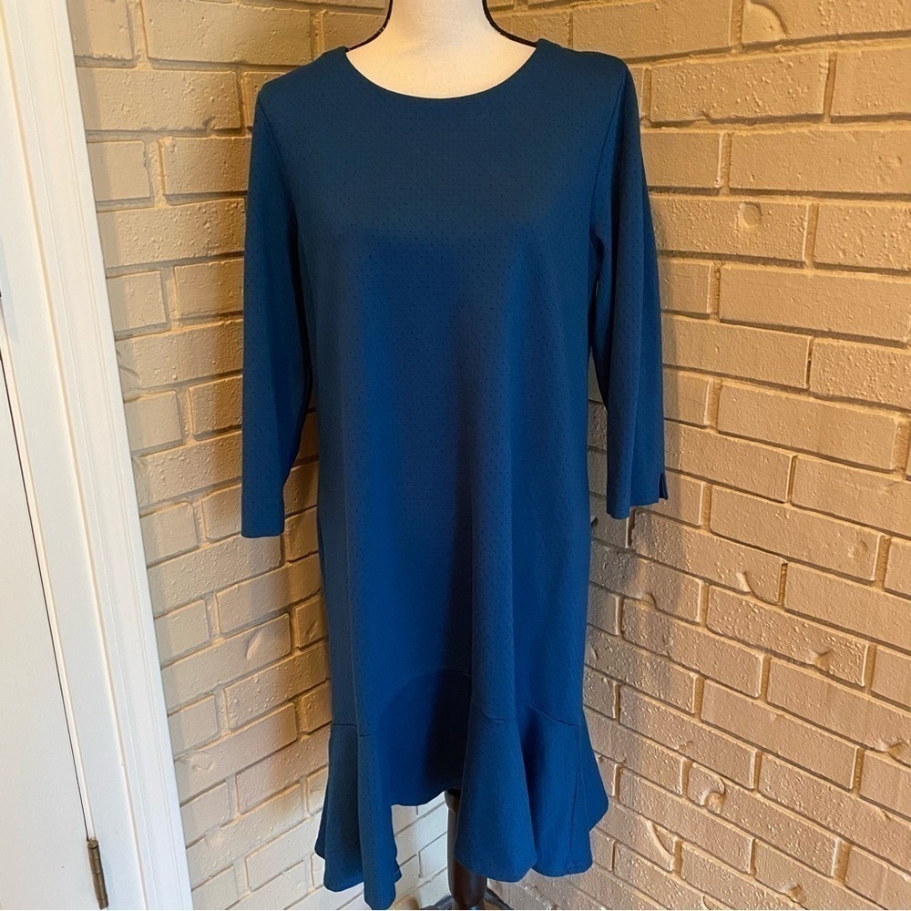 J. Jill Ponte Drop Waist Dress Plus Size Large L Blue Black Polka Dot 3/4 Sleeve